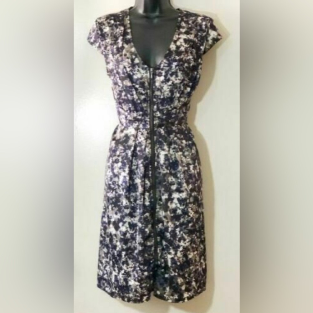 H&M Black White Grey Blue Floral Print Front Zipper A-line Dress 10